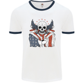 USA Biker Skull Motorcycle Motorbike Flag Mens Ringer T-Shirt White/Navy Blue