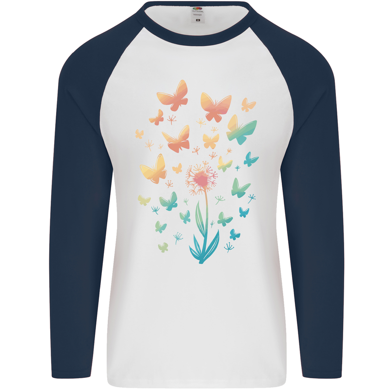 Dandelion Butterfly Plant Gardening Mens L/S Baseball T-Shirt White/Navy Blue
