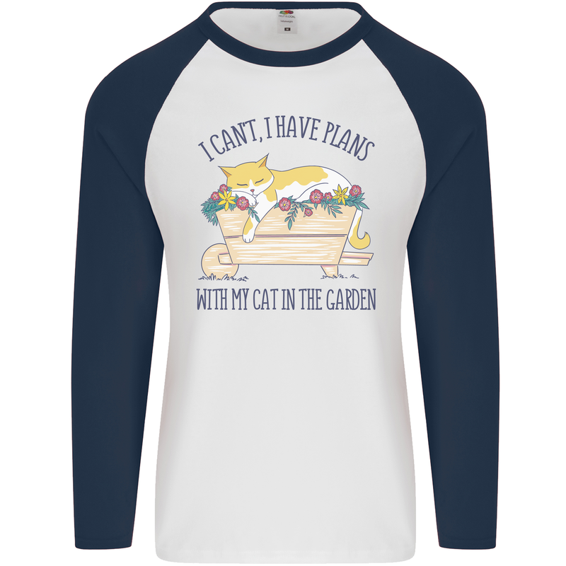 Plans With My Cat in the Garden Gardener Mens L/S Baseball T-Shirt White/Navy Blue