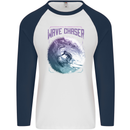 Wave Chaser Surfing Surfer Mens L/S Baseball T-Shirt White/Navy Blue