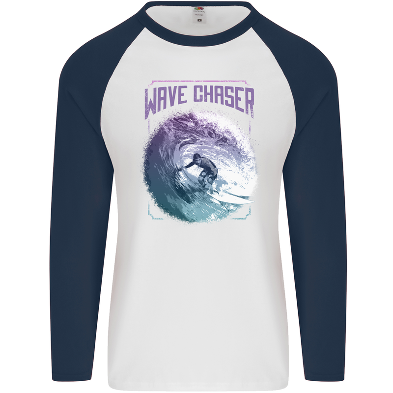 Wave Chaser Surfing Surfer Mens L/S Baseball T-Shirt White/Navy Blue