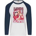 Santa is My Sempai Funny Anime Christmas Xmas Mens L/S Baseball T-Shirt White/Navy Blue