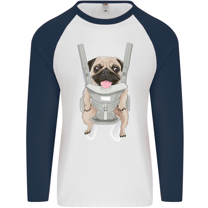 A Pug in a Baby Harness Funny Dog Mens L/S Baseball T-Shirt White/Navy Blue