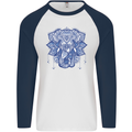 Elephant Mandala Art Mens L/S Baseball T-Shirt White/Navy Blue