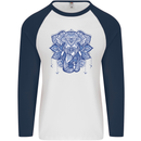 Elephant Mandala Art Mens L/S Baseball T-Shirt White/Navy Blue