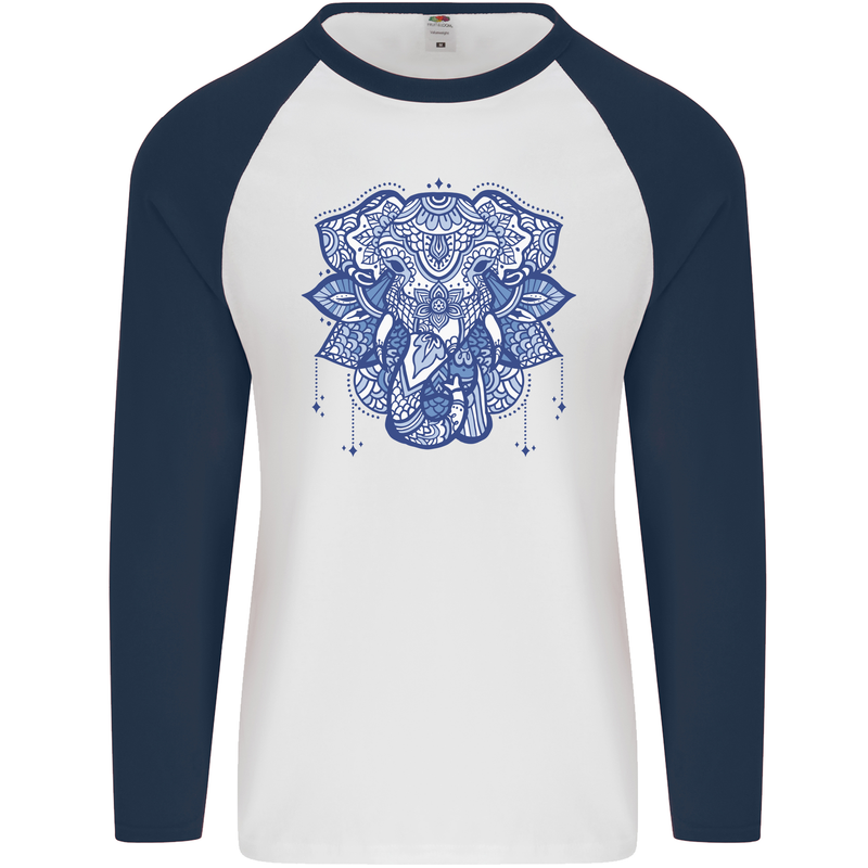 Elephant Mandala Art Mens L/S Baseball T-Shirt White/Navy Blue