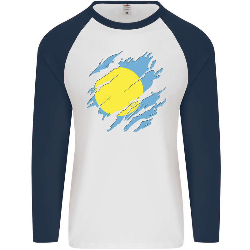 Torn Palau Flag Palauan Day Football Mens L/S Baseball T-Shirt White/Navy Blue