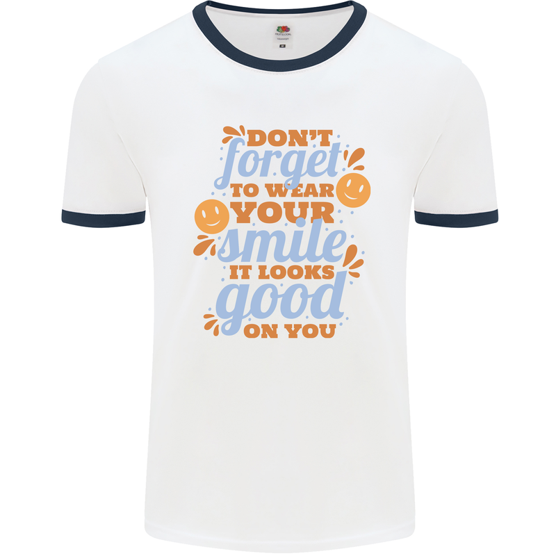Wear Your Smile Feel Good Happy Joy Love Mens Ringer T-Shirt White/Navy Blue