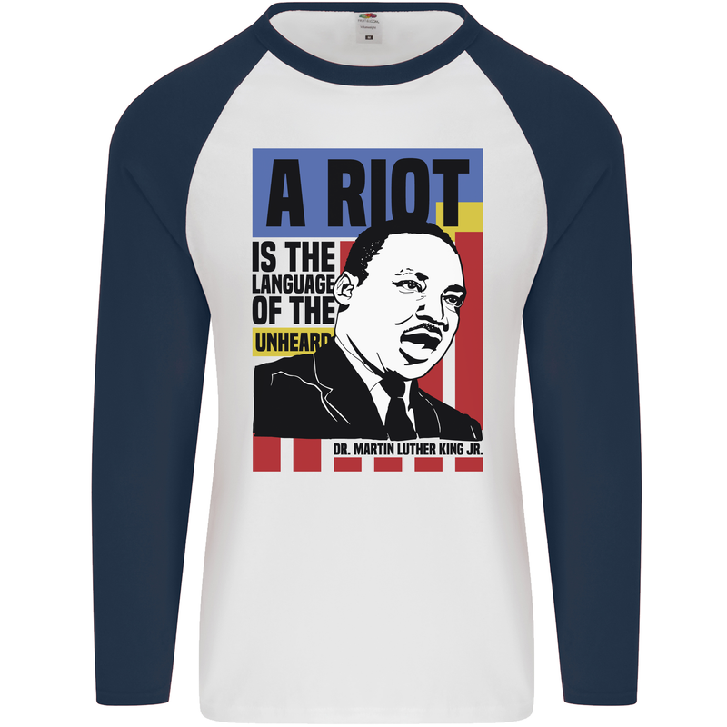 A Riot Martin Luther King Black Lives Matter Mens L/S Baseball T-Shirt White/Navy Blue