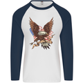 USA Eagle Flag America Patriotic July 4th Mens L/S Baseball T-Shirt White/Navy Blue