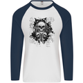 Three Skulls Demon Biker Gothic Tattoo Mens L/S Baseball T-Shirt White/Navy Blue