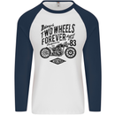 Two Wheels Forever Motorcycle Cafe Racer Mens L/S Baseball T-Shirt White/Navy Blue