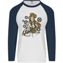 A Steampunk Woman With a Crossbow Mens L/S Baseball T-Shirt White/Navy Blue