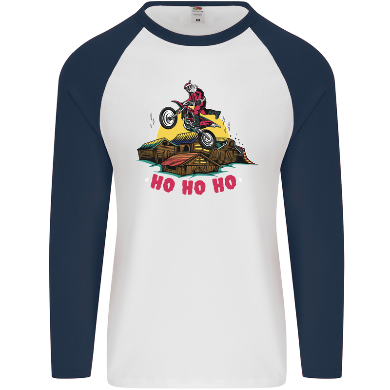 Christmas Santa Motocross Dirt Bike Mens L/S Baseball T-Shirt White/Navy Blue