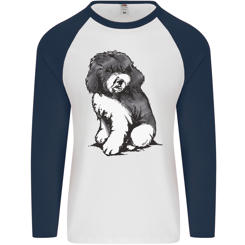 Harlequin Poodle Sketch Mens L/S Baseball T-Shirt White/Navy Blue