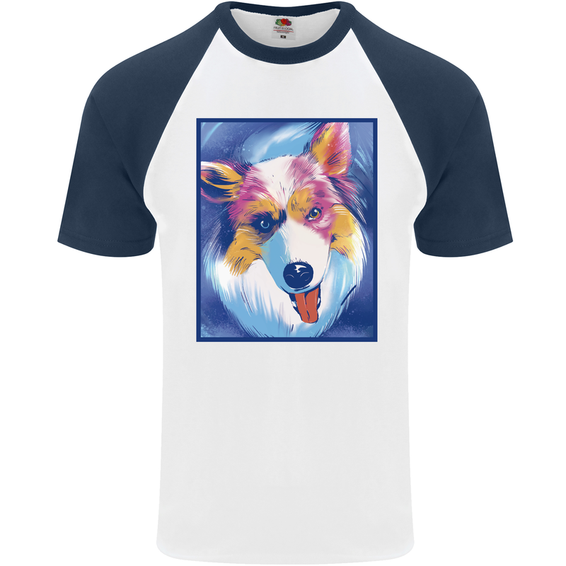 Abstract Australian Shepherd Dog Mens S/S Baseball T-Shirt White/Navy Blue