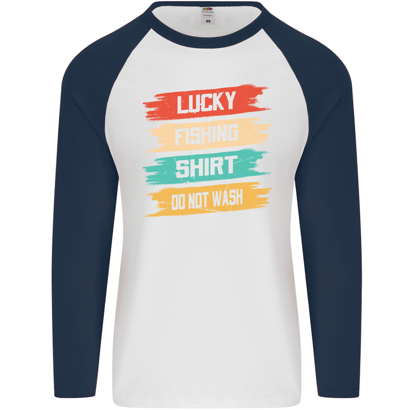 Lucky Fishing Shirt Fisherman Funny Mens L/S Baseball T-Shirt White/Navy Blue