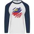 Torn Liechtenstein Flag Liechtensteiner Day Football Mens L/S Baseball T-Shirt White/Navy Blue