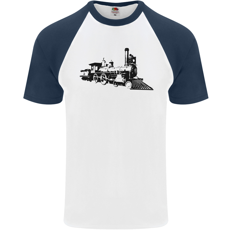 Trains Locomotive Steam Engine Trainspotting Mens S/S Baseball T-Shirt White/Navy Blue