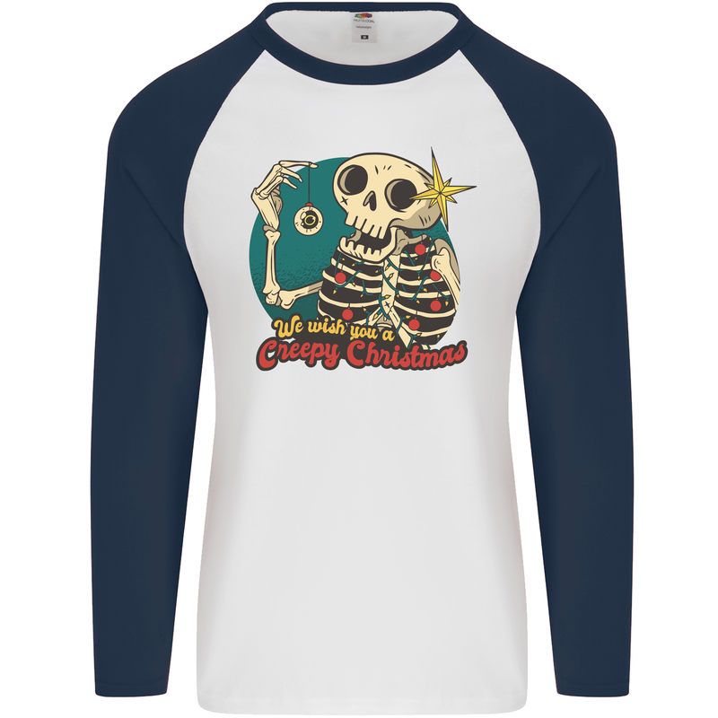 We Wish You a Creepy Christmas Skull Mens L/S Baseball T-Shirt White/Navy Blue