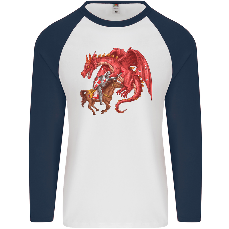 St. George Killing a Dragon Mens L/S Baseball T-Shirt White/Navy Blue