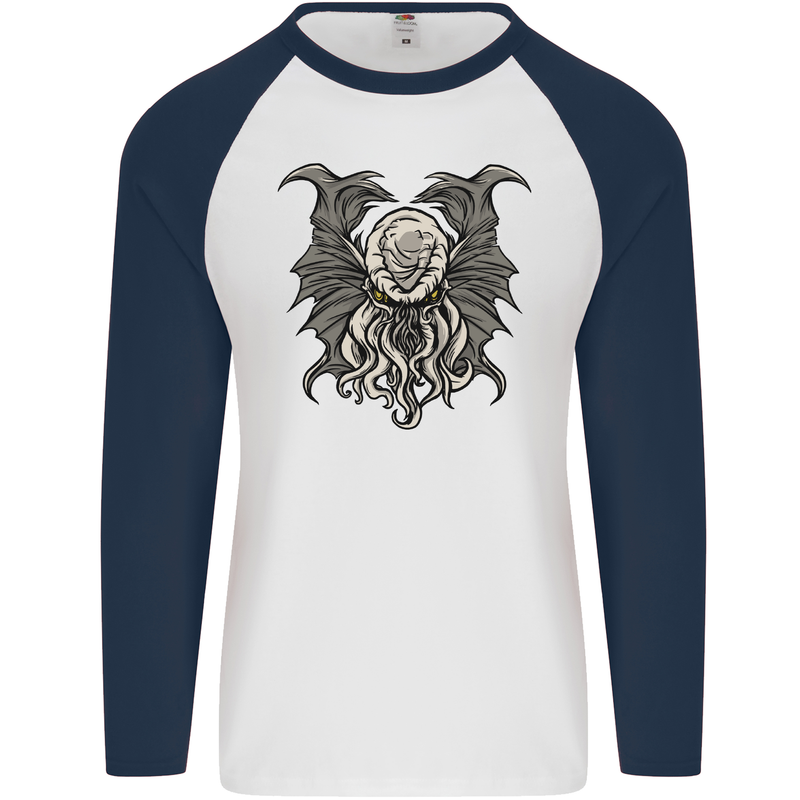 Cthulhu Entity Kraken Mens L/S Baseball T-Shirt White/Navy Blue