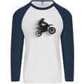 Abstract Motocross Rider Dirt Bike Mens L/S Baseball T-Shirt White/Navy Blue