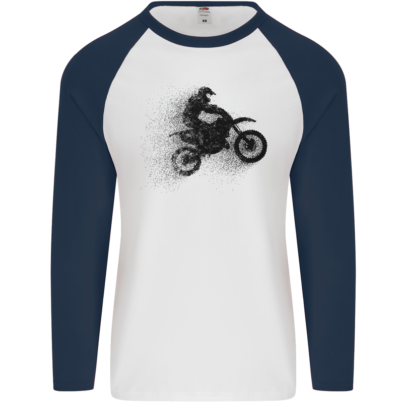 Abstract Motocross Rider Dirt Bike Mens L/S Baseball T-Shirt White/Navy Blue