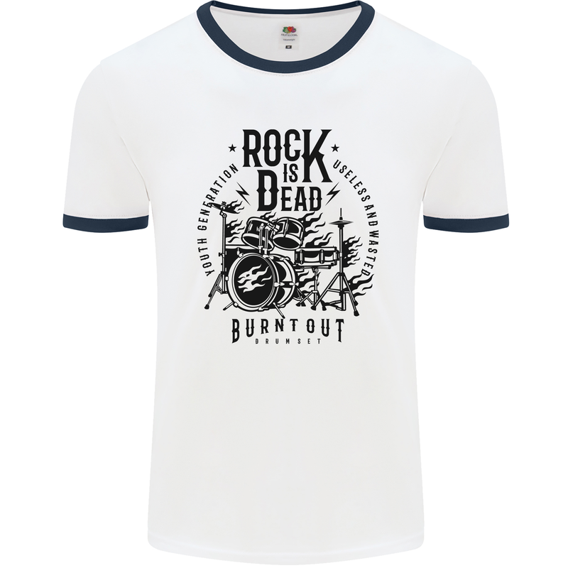 Rock is Dead Drum Kit Drummer Drumming Mens Ringer T-Shirt White/Navy Blue