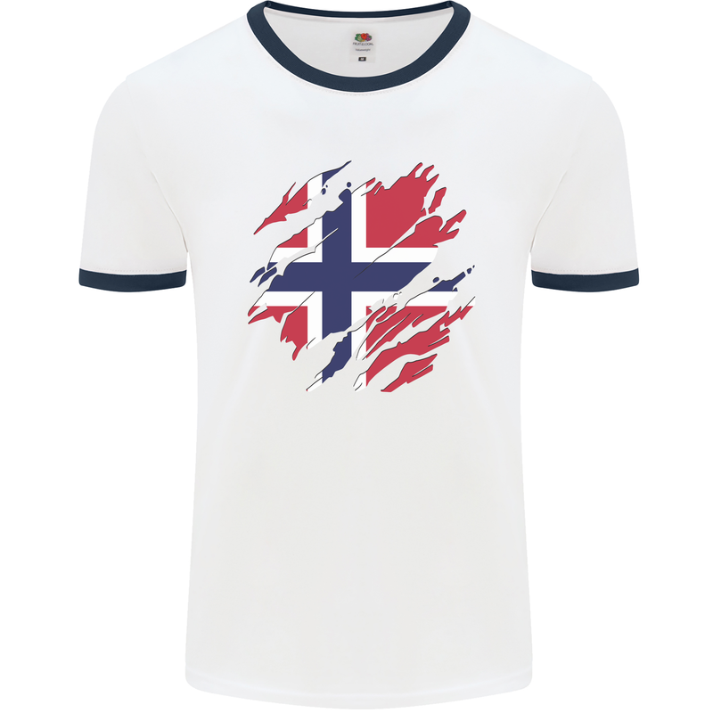 Torn Norway Flag Norwegian Day Football Mens Ringer T-Shirt White/Navy Blue