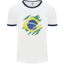 Torn Brazil Flag Brazilian Day Football Mens Ringer T-Shirt White/Navy Blue