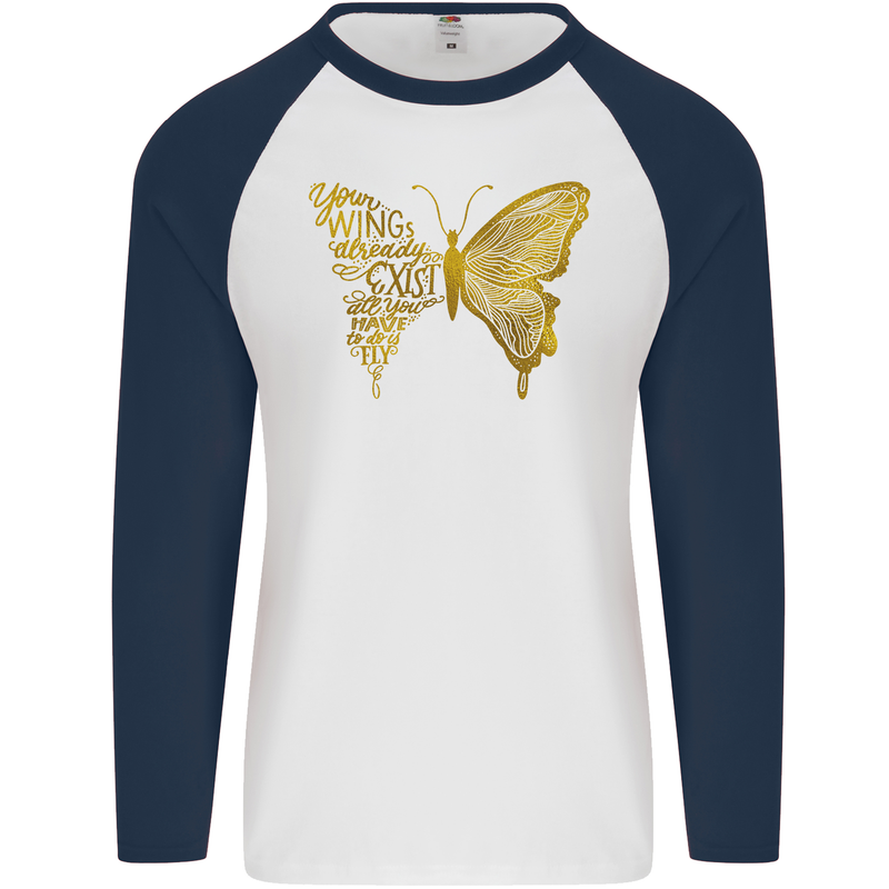 Butterfly Inspirational Quote Rhopalocera Mens L/S Baseball T-Shirt White/Navy Blue