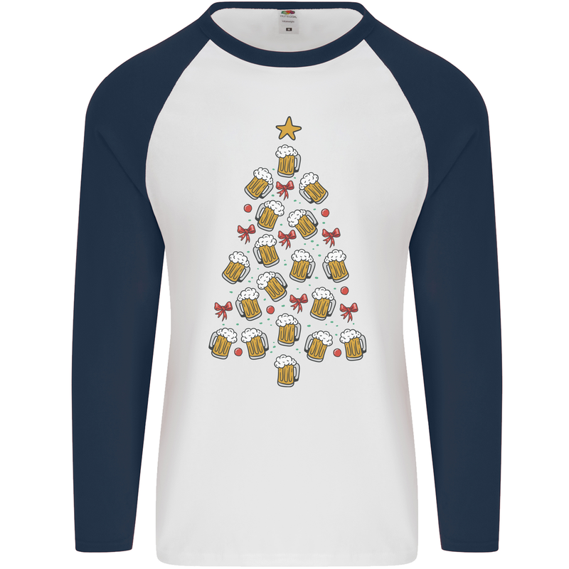 Beer Christmas Tree Mens L/S Baseball T-Shirt White/Navy Blue