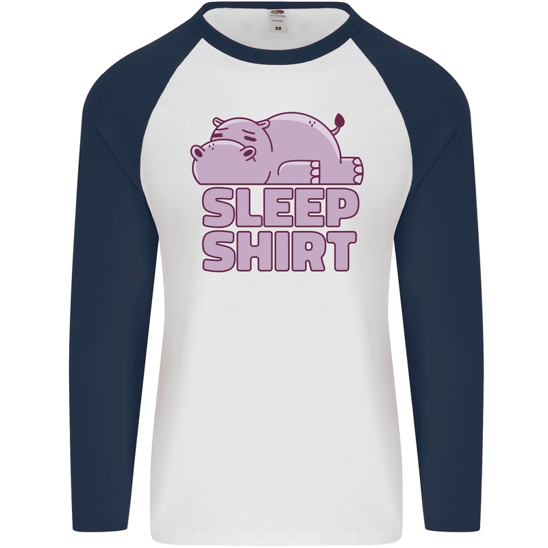 A Hippo Sleeping Shirt Hippomotamus Mens L/S Baseball T-Shirt White/Navy Blue