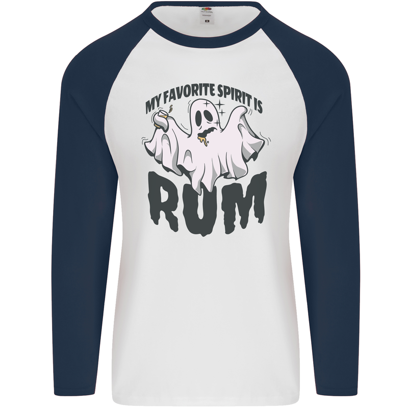 Funny Halloween Alcohol Rum Spirit Ghost Mens L/S Baseball T-Shirt White/Navy Blue