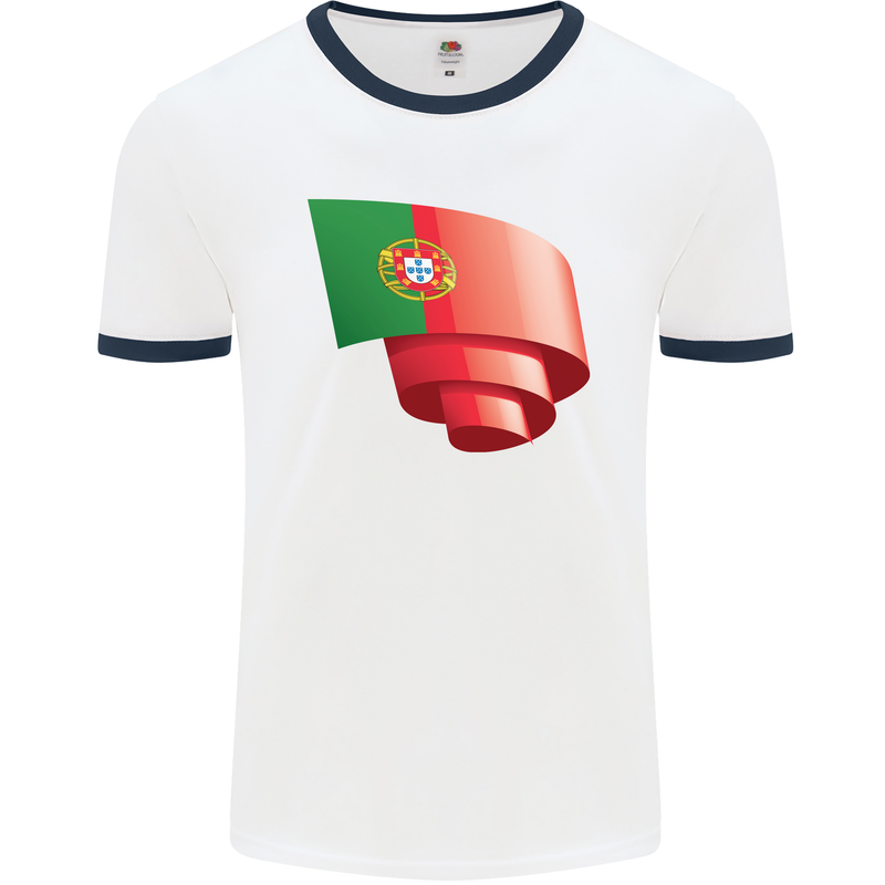 Curled Portugal Flag Portugese Day Football Mens Ringer T-Shirt White/Navy Blue