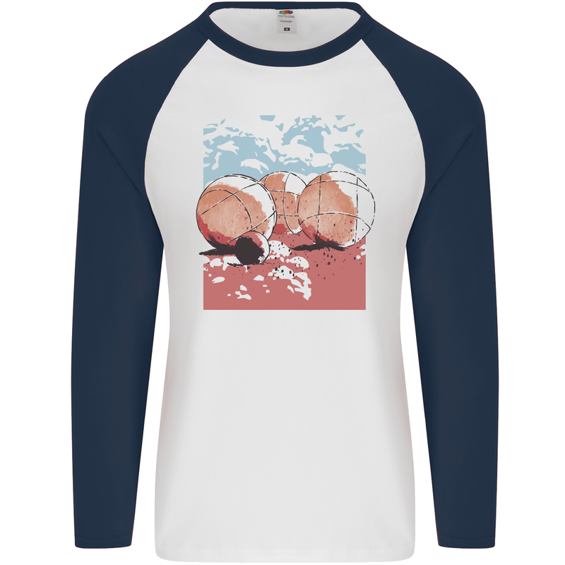 Petanque Balls Boules Bowls Mens L/S Baseball T-Shirt White/Navy Blue