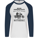 Old Man Motorbike Biker Motorcycle Funny Mens L/S Baseball T-Shirt White/Navy Blue