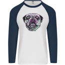 A Pug Face Dog Mens L/S Baseball T-Shirt White/Navy Blue