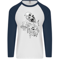 Zombie Cheer Skull Halloween Alcohol Beer Mens L/S Baseball T-Shirt White/Navy Blue
