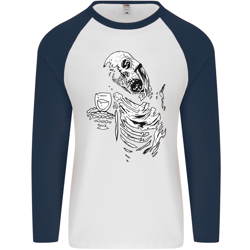 Zombie Cheer Skull Halloween Alcohol Beer Mens L/S Baseball T-Shirt White/Navy Blue