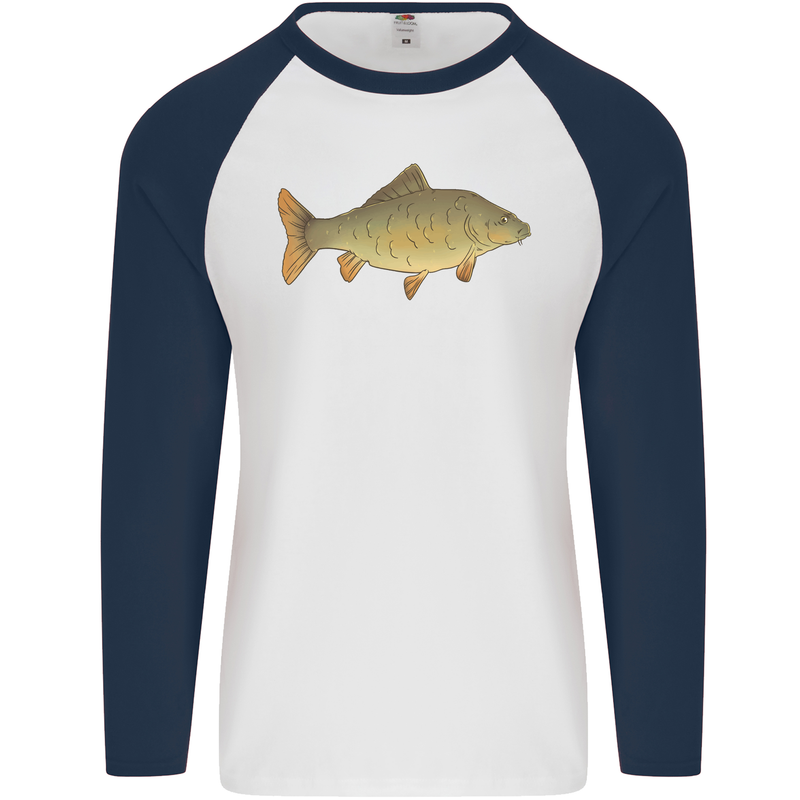 A Carp Fish Fishing Fisherman Mens L/S Baseball T-Shirt White/Navy Blue