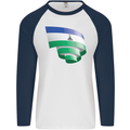 Curled Lesotho Flag Basotho Day Football Mens L/S Baseball T-Shirt White/Navy Blue