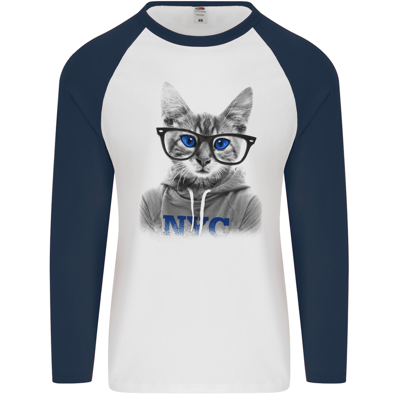 New York City Cat With Glasses Mens L/S Baseball T-Shirt White/Navy Blue