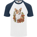 Corgi Dog With Flowers Mens S/S Baseball T-Shirt White/Navy Blue