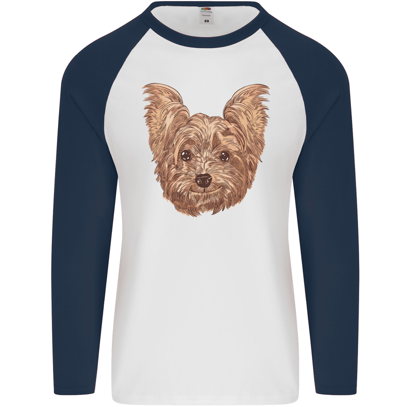 Dogs Smiling Yorkshire Terrier Mens L/S Baseball T-Shirt White/Navy Blue