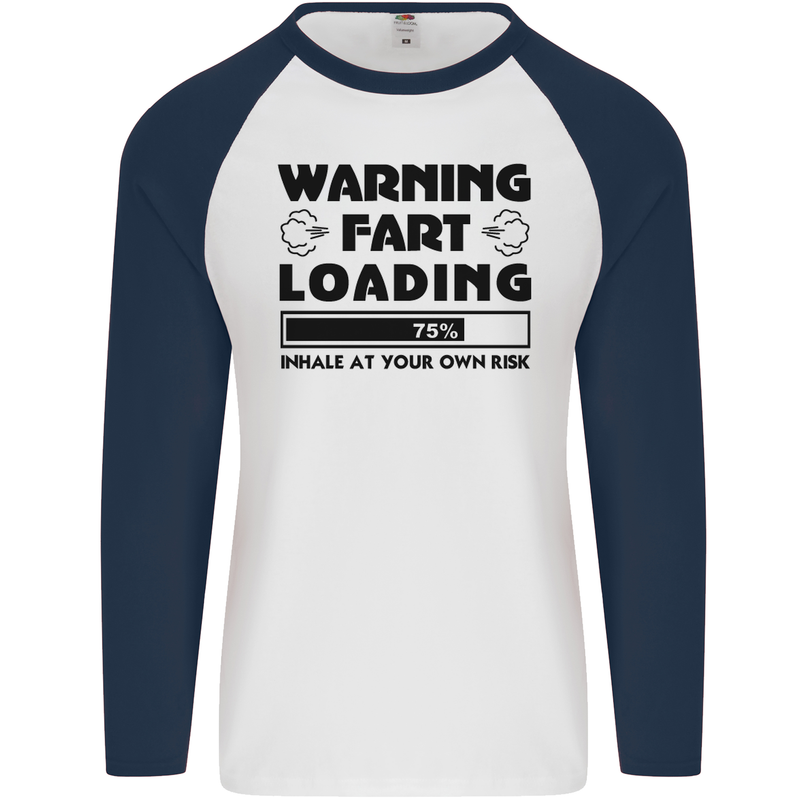 Warning Fart Loading Funny Farting Rude Mens L/S Baseball T-Shirt White/Navy Blue