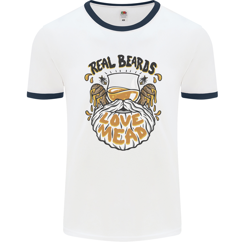 Real Beards Love Mead Funny Beer Alcohol Mens Ringer T-Shirt White/Navy Blue