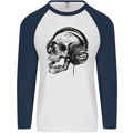 Skull Headphones Gothic Rock Music DJ Mens L/S Baseball T-Shirt White/Navy Blue