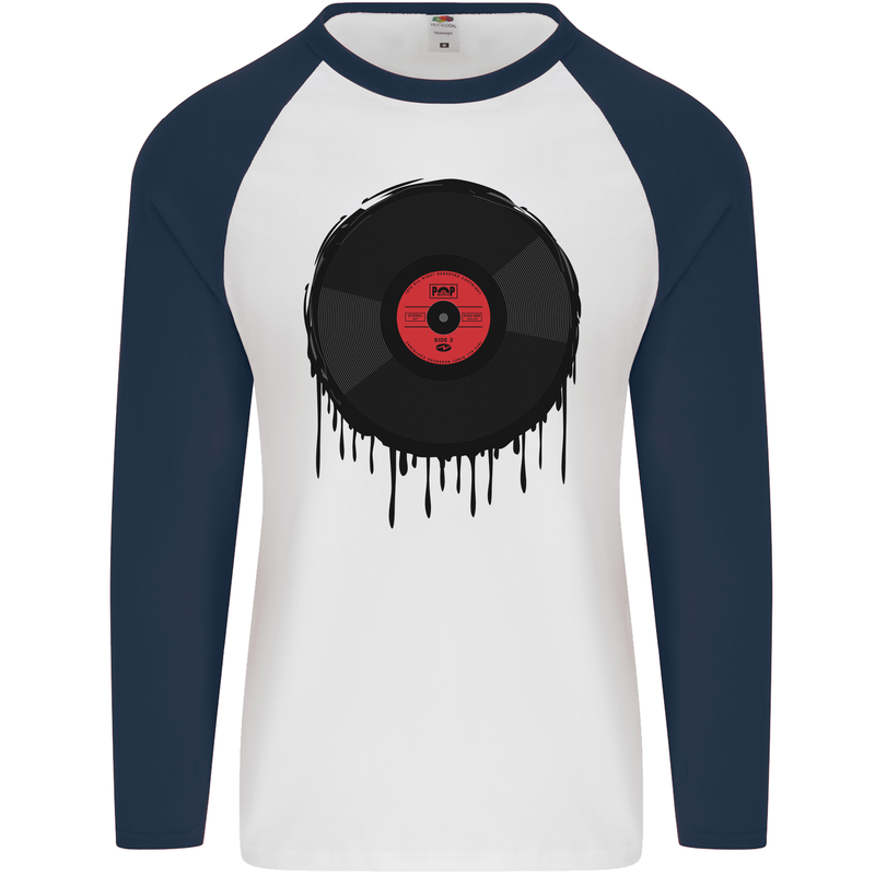 A Dripping Vinyl Record Turntable Decks DJ Mens L/S Baseball T-Shirt White/Navy Blue